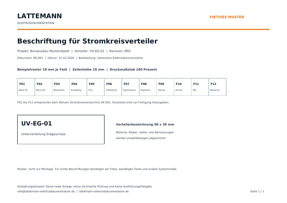 Fiktives Muster für Verteilerbeschriftung von Lattemann Elektrodokumentation